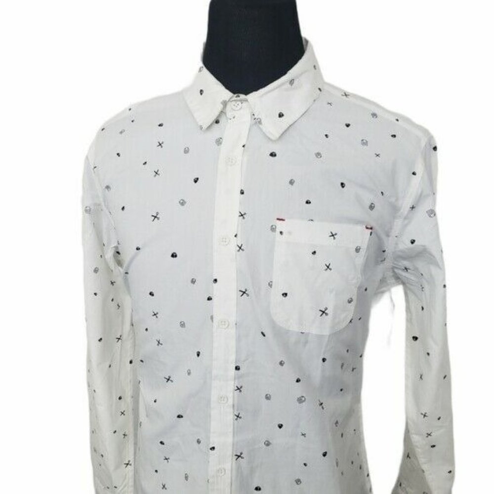 Burnside Rock Paper Scissors Long Sleeve Button Down Shirt White Black XL